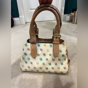 Dooney and Bourke vinyl satchel with rainbow monogram